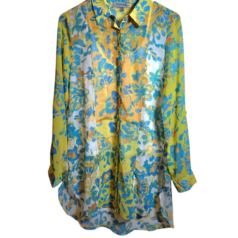 Figueroa Flower Cami Lined Sheer Floral Button Front Top Roll Tab Artsy